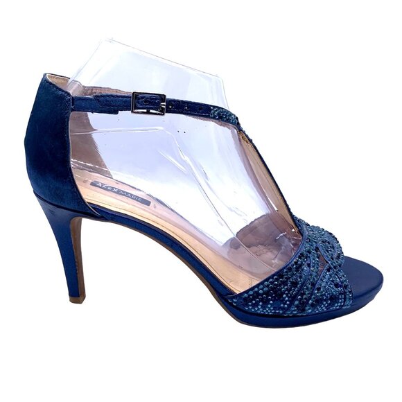 Alex Marie T-Strap Beaded Peep-Toe Dressy Heels Black Tie Fabric 7.5 Navy Blue - Picture 4 of 14
